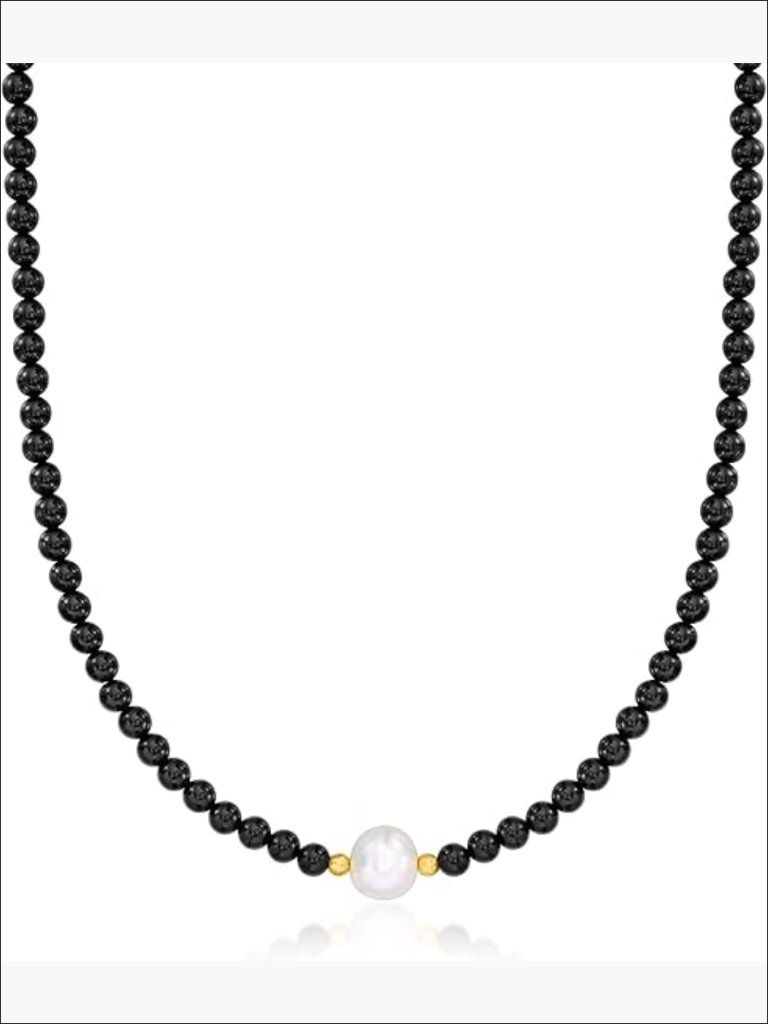 Cultured Pearl & Onyx Bead Necklace, 18kt Gold Over Sterling
